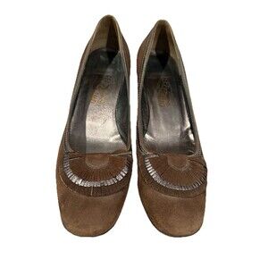 SALVATORE FERRAGAMO Pumps Heels Size 11B Brown Suede Fringe ITALY